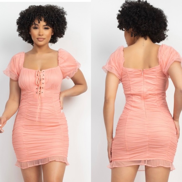 Elegant Peach Ruched Mesh Puff Sleeves Dress - Picture 4 of 14